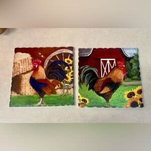 Set Of 2 Retro 1980's Red Shed Rooster 8" Square Cork Backed Ceramic Tile Trivet